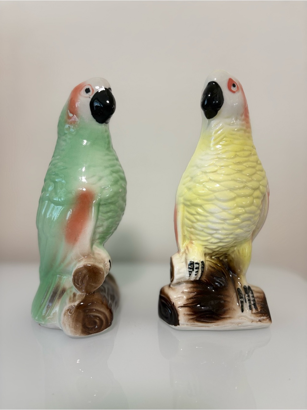 Ceramic Parrot Figurine Set of 2 , Made in Brazil. Green and Yellow